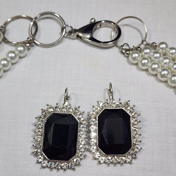 Layer Faux Pearl Black Bead Rhinestone Necklace Matching Earrings Statement Set - Picture 8 of 16